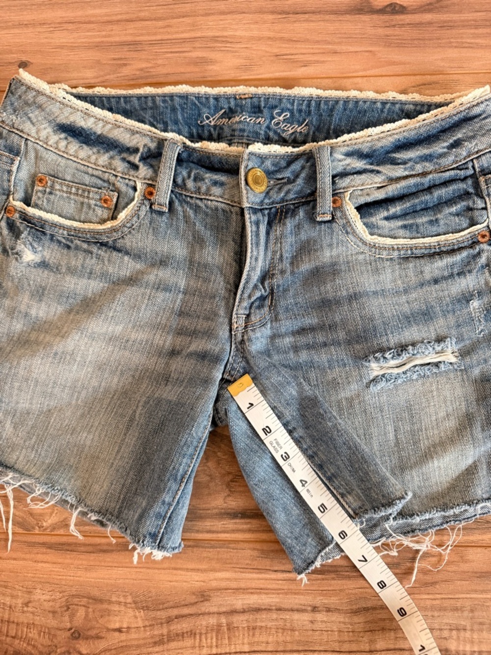 American Eagle Outfitters Light Blue Frayed Hem Denim Shorts Lace Detail - Picture 8 of 8